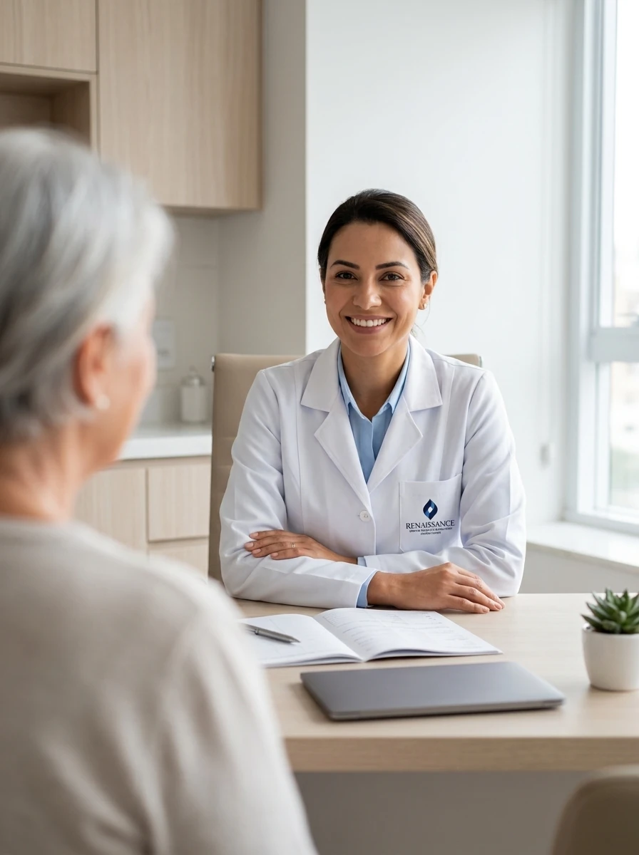 Médica da Renaissance em consulta, atendendo uma paciente na mesa do consultório